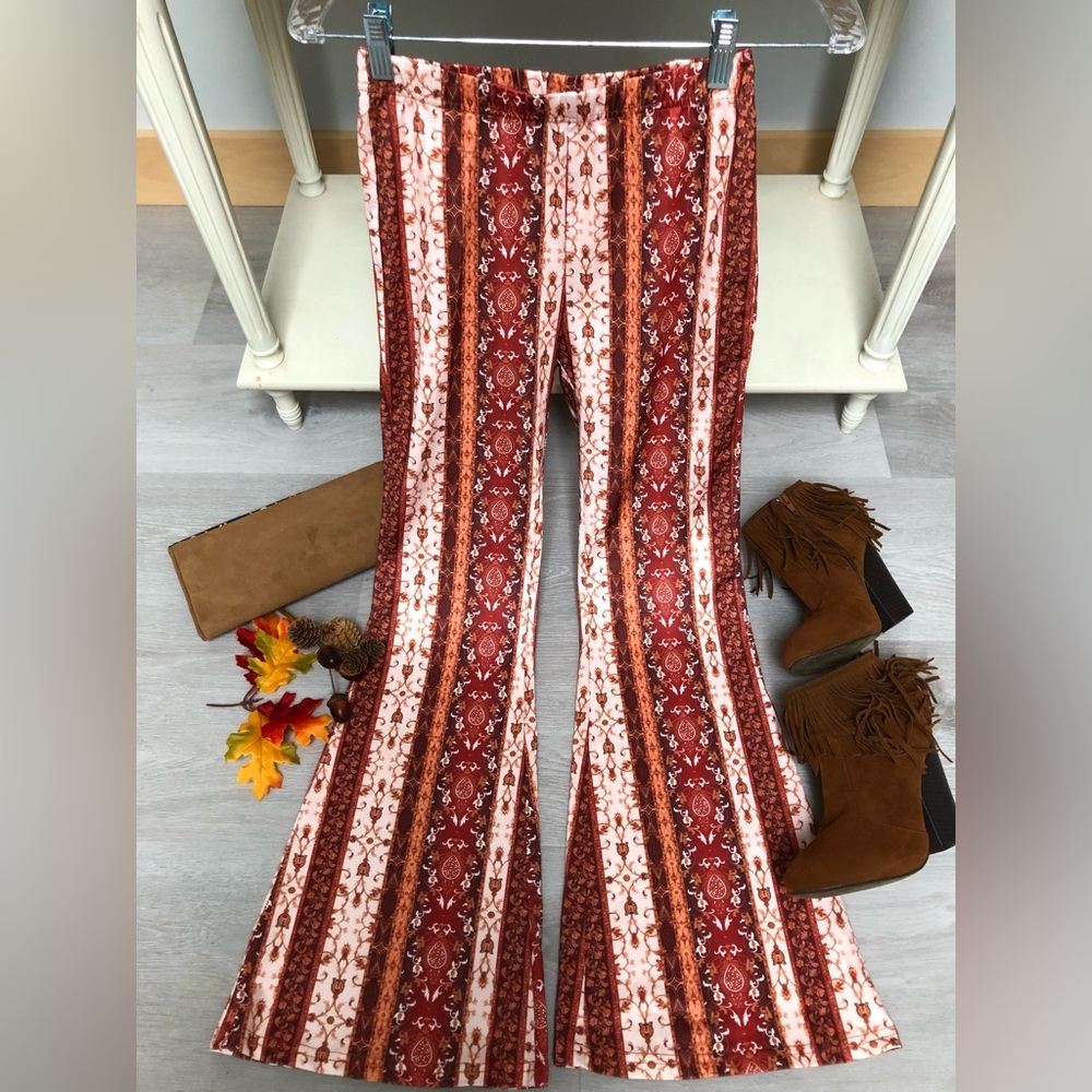 ☮️🧡Boho Hippie Woodstock Festival Print Bellbottom Pants & Bracelet